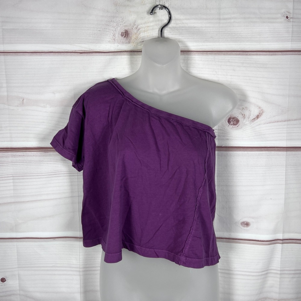 We The Free Top Women XS Purple Free People One Shoulder Cropped Cotton T-Shirt